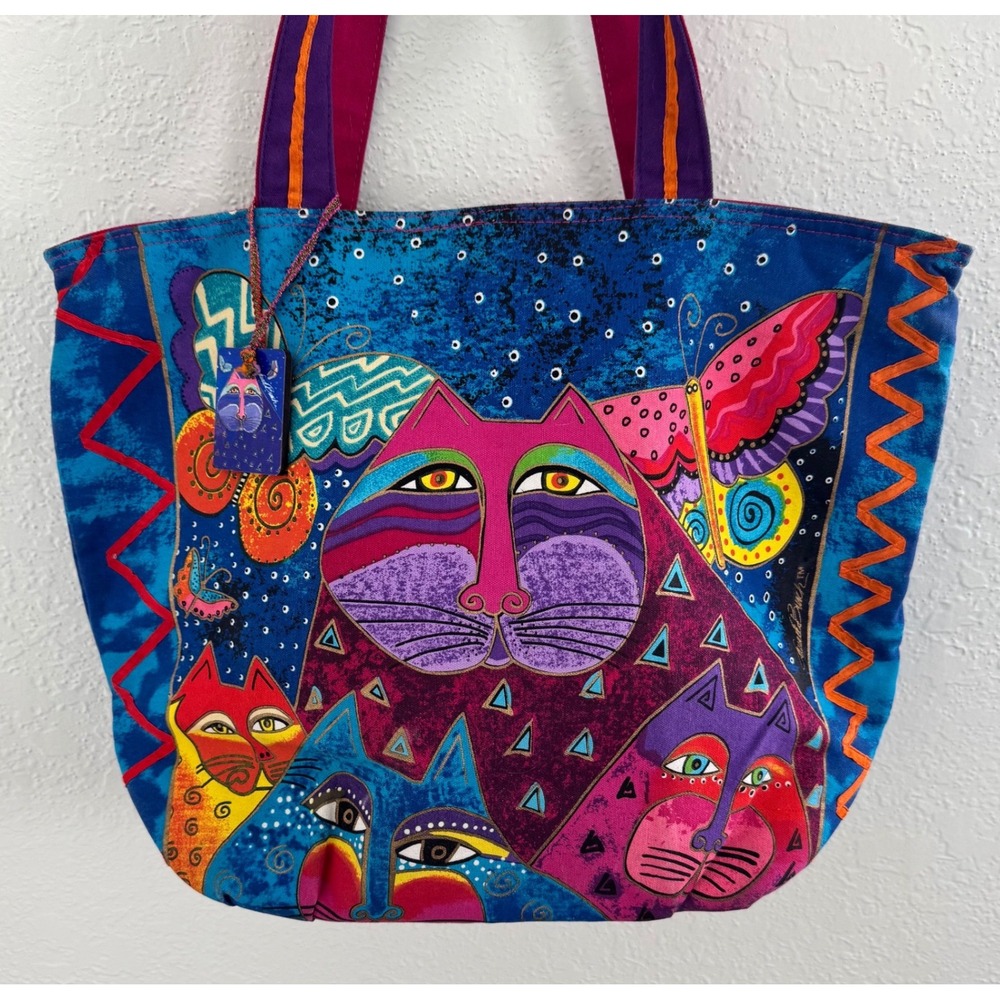Laurel Burch Bags Cats and Butterflies Rainbow Zippered Tote Shoulder Bag 90s